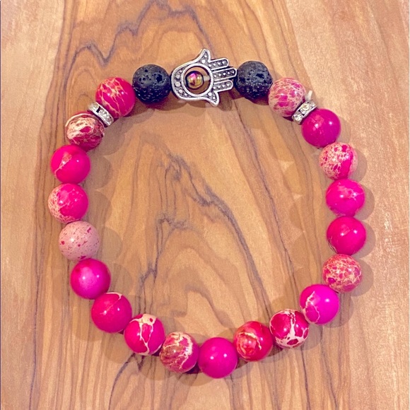 *NEW* Pink Sea Sediment Jasper & Hamsa Charm Bracelet 7” - Picture 1 of 2